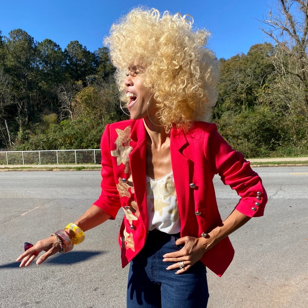 OOAK handpainted red Elizabeth James blazer jacket - Picture 4 of 6